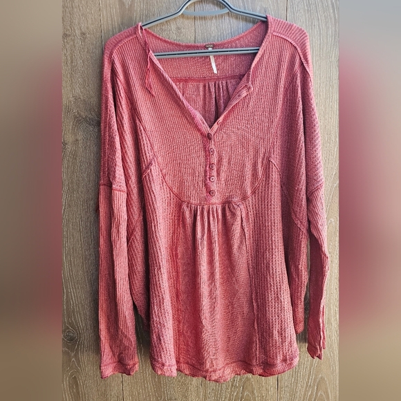 Free People Salmon Pink Waffle Knit Blouse - Picture 1 of 3